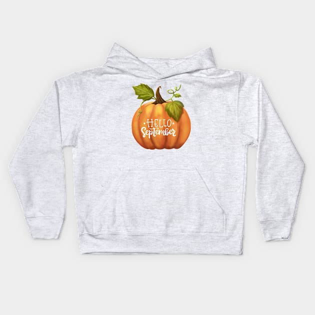 Hello September Fall Season Pumpkin Back to School Kids Hoodie by BellaPixel